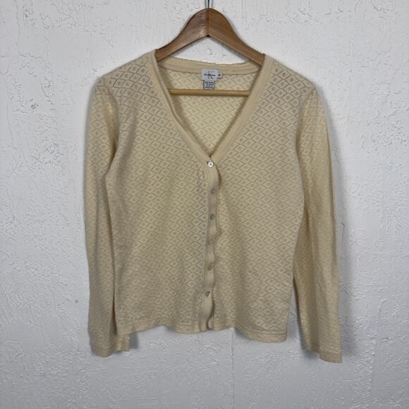 Vintage 90s Calvin Klein Beige Diamond Knit Cardigan Sweater Women’s Medium - Picture 1 of 4